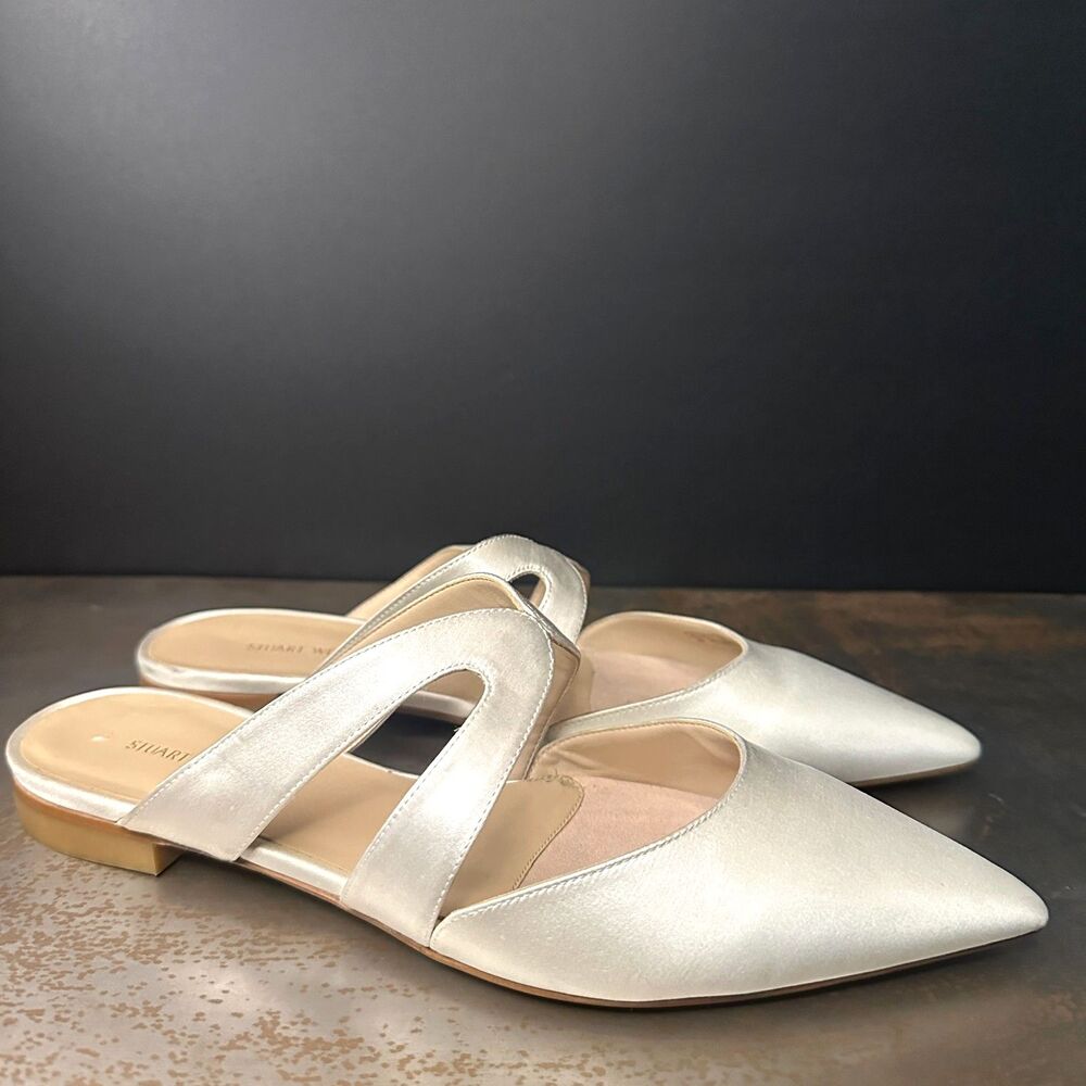 Stuart Weitzman Flat Mules 6 Pointed Toe Satin Formal Wedding Cream Mariposa